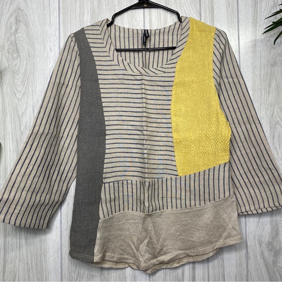 Khangura Linen Colorblock Patchwork Linen Top Lagenlook size XS Extra Small - Picture 3 of 10